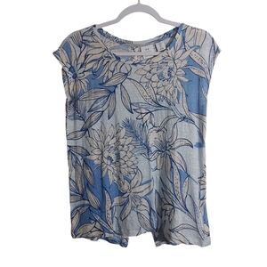 H by Halston Cap Sleeve Linen Floral Print Button Back Top- size S